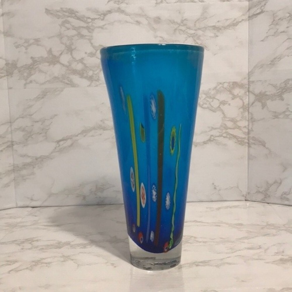 Contemporary Murano Style Vase in Cerulean Ocean Blue with colorful glass decor